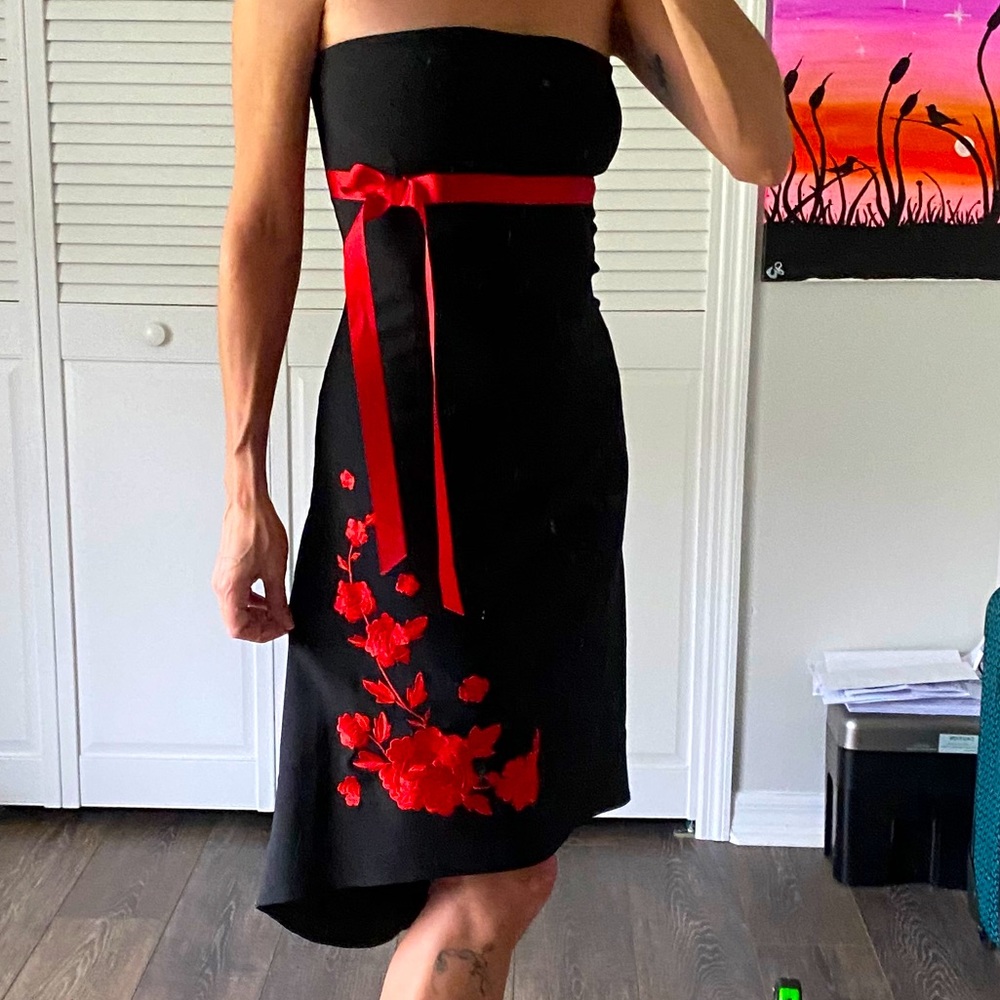 Black Strapless Dress w/Red Ribbon & Floral Detail